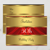 Red Gold 50th Birthday Party Kaart (Voorkant / Achterkant)