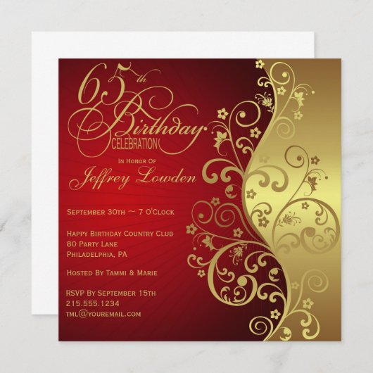 Red & Gold 65th Birthday Party Invitation Kaart (Voorkant / Achterkant)