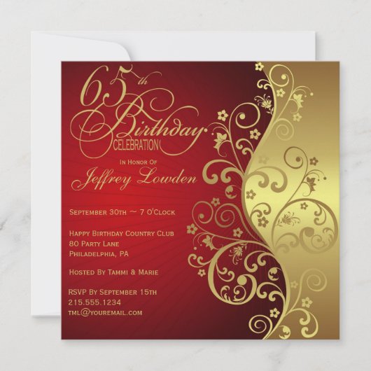 Red & Gold 65th Birthday Party Invitation Kaart (Voorkant)