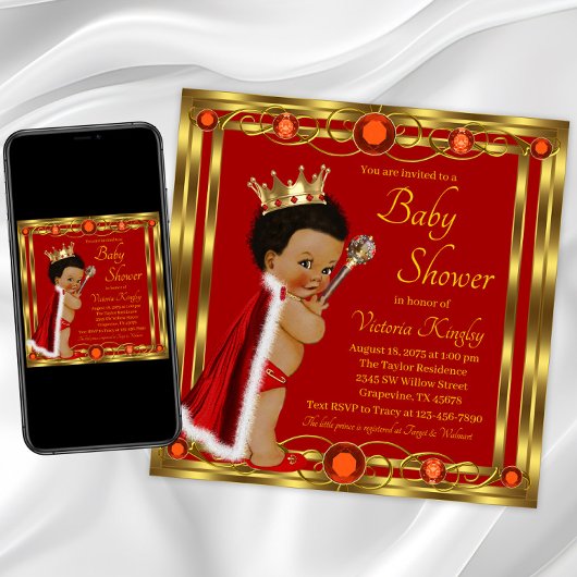 Red Gold Afro Prince Baby shower Kaart
