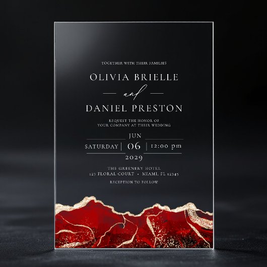 Red Gold Agaat Elegant Modern Wedding Acryl Uitnodigingen