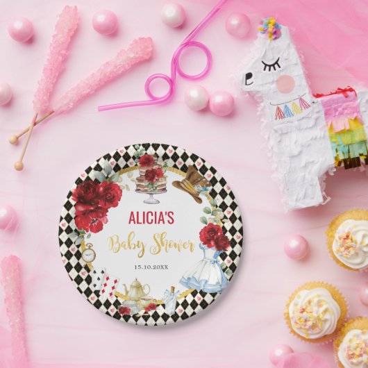 Red Gold Alice in Wonderland Baby shower Tea Party Papieren Bordje (Feest)