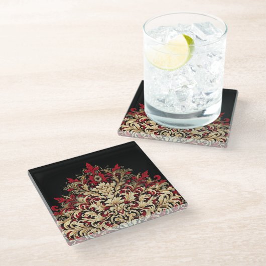 Red Gold and Black Damask  Glazen Onderzetter (Schuin)