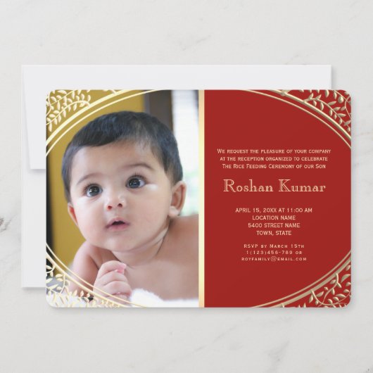 Red Gold Baby Boy Annaprashan Kaart (Voorkant)