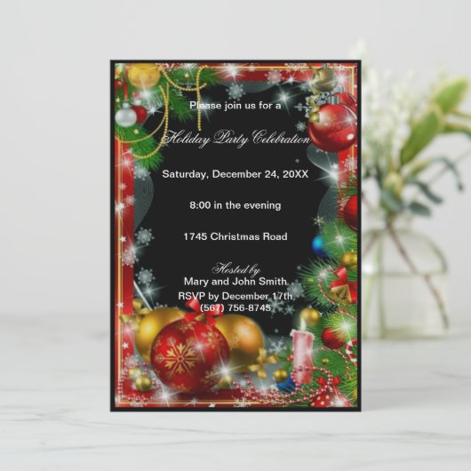 Red Gold Baubles Candle Kerstfeest Uitnodiging (Staand voorkant)