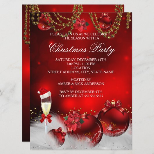 Red Gold Baubles Champagne Kerstmis Kaart (Voorkant / Achterkant)