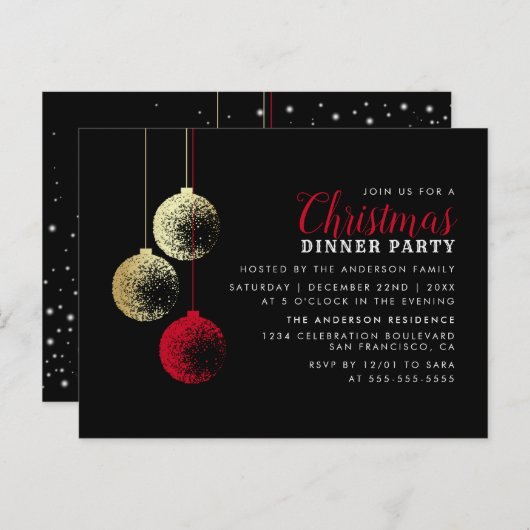 Red & Gold Baubles Elegant kerstdiner Uitnodiging Briefkaart (Voorkant / Achterkant)