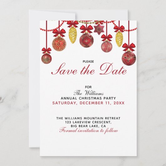 RED GOLD BAUBLES Kerstfeest Save the Date Kaart (Voorkant)