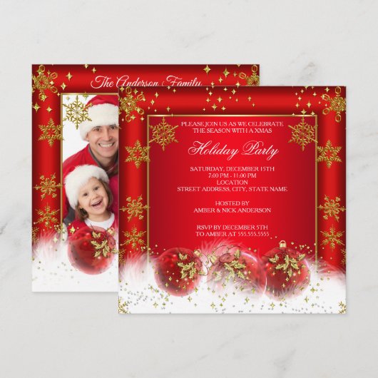 Red Gold Baubles kerstfotofeest Kaart (Voorkant / Achterkant)