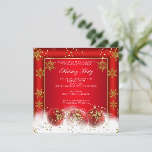 Red Gold Baubles kerstfotofeest Kaart (Staand voorkant)