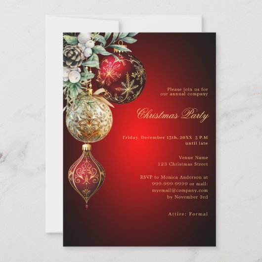 Red gold baubles medewerkersbedrijf Christmas Part Kaart (Voorkant)