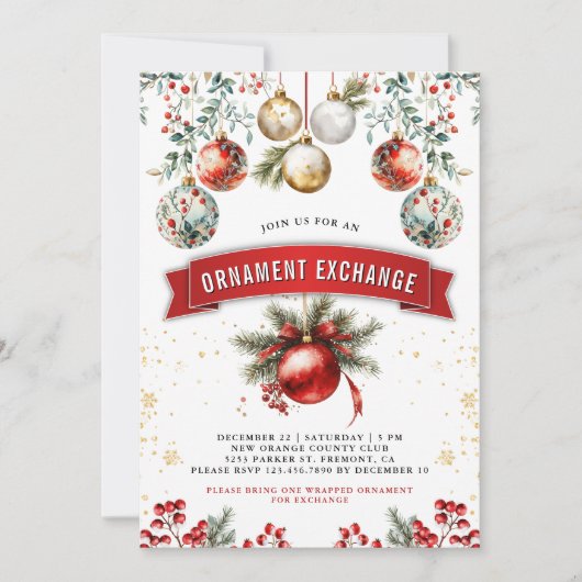 Red Gold Baubles Ornament Exchange Kerstfeest Kaart (Voorkant)