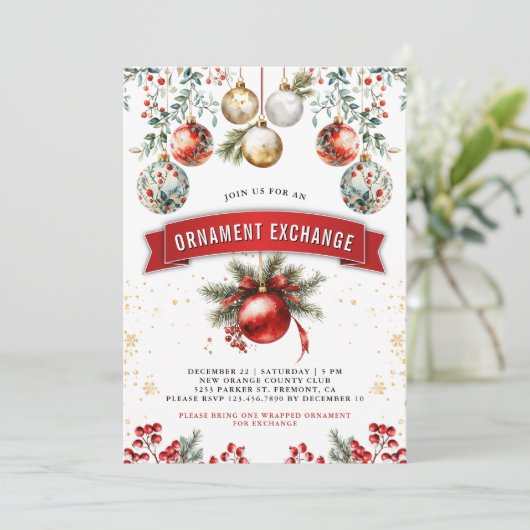 Red Gold Baubles Ornament Exchange Kerstfeest Kaart (Staand voorkant)