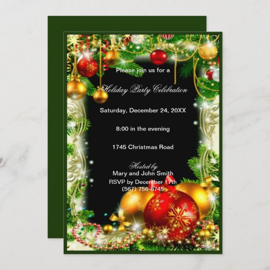 Red Gold Baubles Pine-kerstfeest uitnodiging (Voorkant / Achterkant)