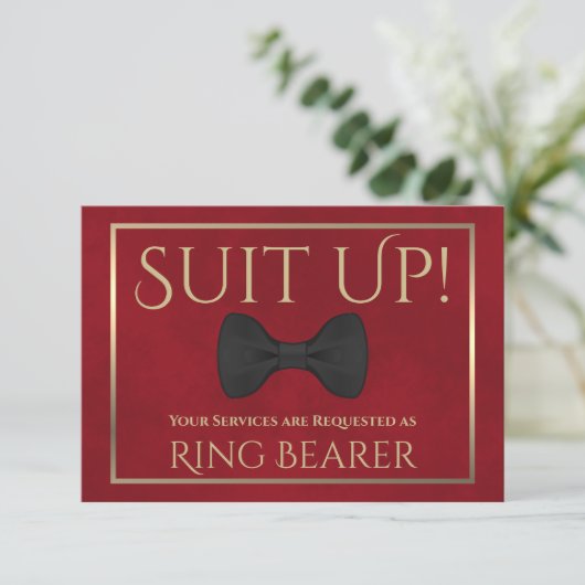 Red & Gold Be My Ring Bearer Fun Bow Stropdas Kaart (Staand voorkant)