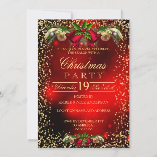 Red Gold Bells Holly Foto met kerstfeestdag Kaart (Voorkant)