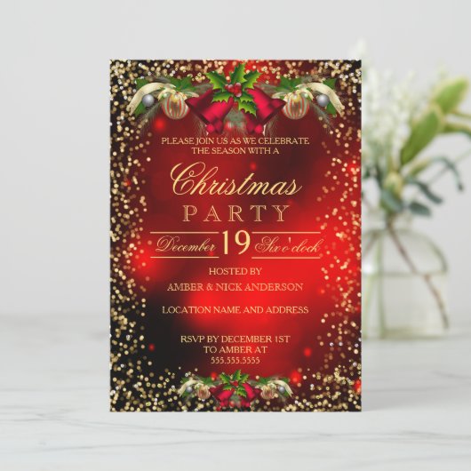 Red Gold Bells Holly Foto met kerstfeestdag Kaart (Staand voorkant)