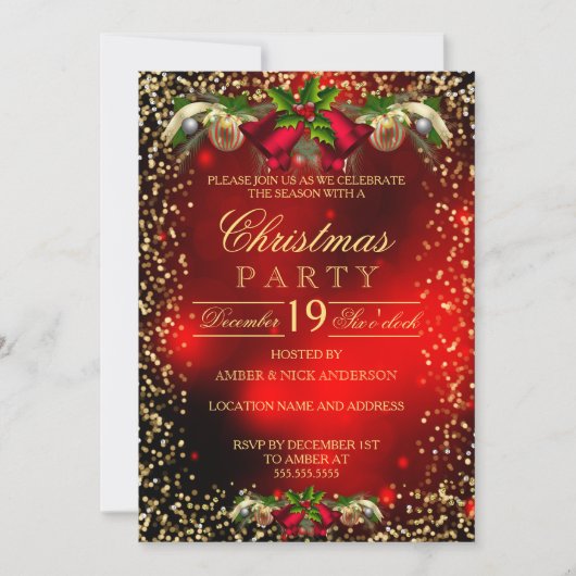 Red Gold Bells Holly Kerstfeestdag Kaart (Voorkant)