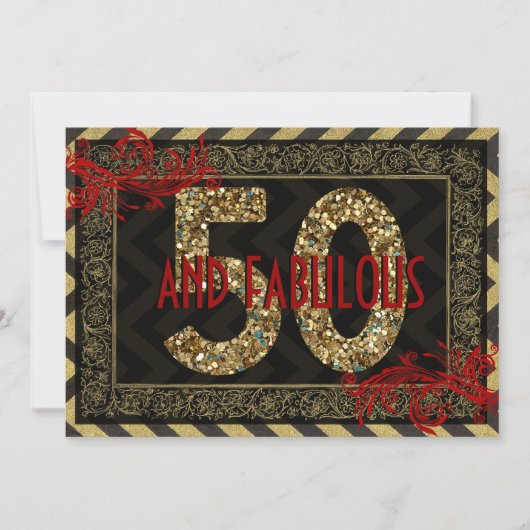 Red Gold & Black Art Deco 50th Birthday Invite Kaart (Voorkant)