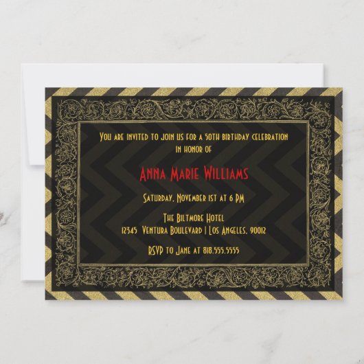 Red Gold & Black Art Deco 50th Birthday Invite Kaart (Achterkant)