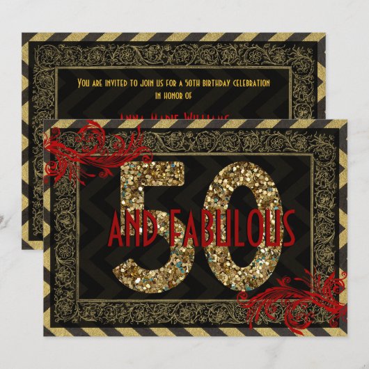 Red Gold & Black Art Deco 50th Birthday Invite Kaart (Voorkant / Achterkant)