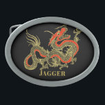 Red Gold Black Fantasy Chinese Dragon Gesp<br><div class="desc">Een hevige zwarte Chinese draak die in goud is geschetst,  versiert dit object. Rode accenten benadrukken de kaak,  het hoofd en de wervelkolom van de draak. Jouw naam wordt hierna vetgedrukt goud ingevuld.</div>