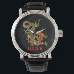Red Gold Black Fantasy Chinese Dragon Horloge<br><div class="desc">Een felle zwarte Chinese draak geschetst in goud versiert dit polshorloge. Rode accenten markeren de kaak,  het hoofd en de ruggengraat van de draak. Jouw naam is hieronder in vet goud geschreven.</div>