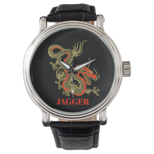 Red Gold Black Fantasy Chinese Dragon Horloge
