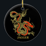 Red Gold Black Fantasy Chinese Dragon Kerstmis Keramisch Ornament<br><div class="desc">Een hevige zwarte Chinese draak die in goud is geschetst,  versiert deze kerstsieraad. Rode accenten benadrukken de kaak,  het hoofd en de wervelkolom van de draak. Jouw naam wordt hierna vetgedrukt goud ingevuld.</div>