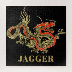 Red Gold Black Fantasy Chinese Dragon Monogram Legpuzzel
