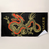 Red Gold Black Fantasy Chinese Dragon Monogram Strandlaken (Voorkant)