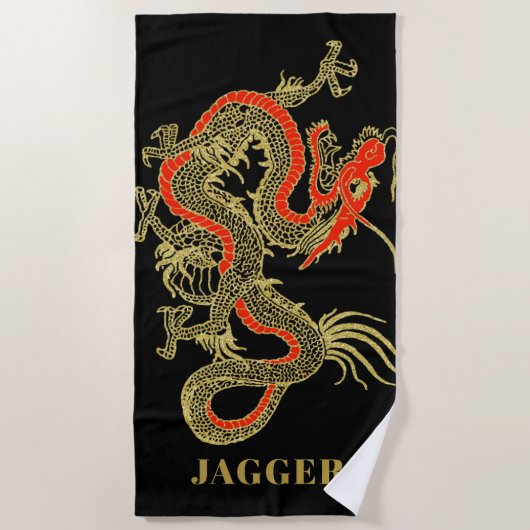 Red Gold Black Fantasy Chinese Dragon Monogram Strandlaken (Voorkant)
