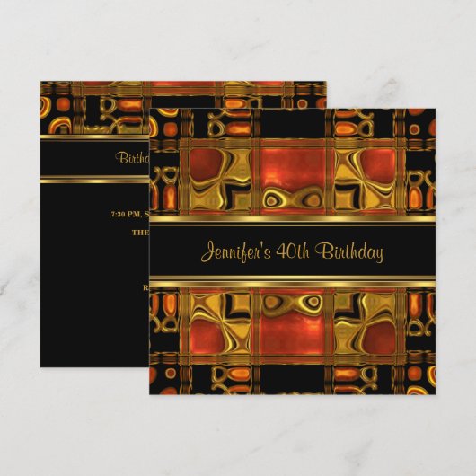 Red Gold Black Glas in lood 40th Birthday Party Kaart (Voorkant / Achterkant)