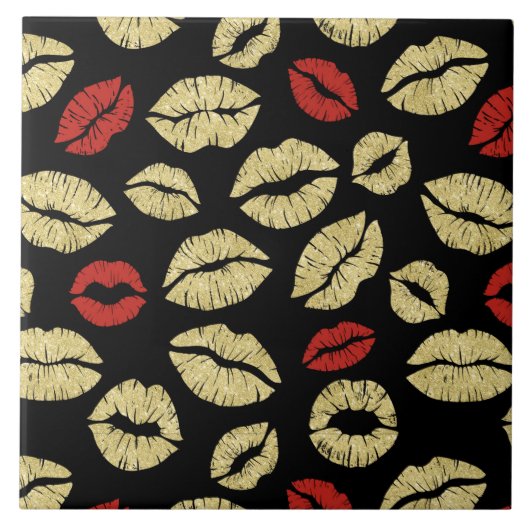 Red Gold Black Lips Kiss Tegeltje (Voorkant)