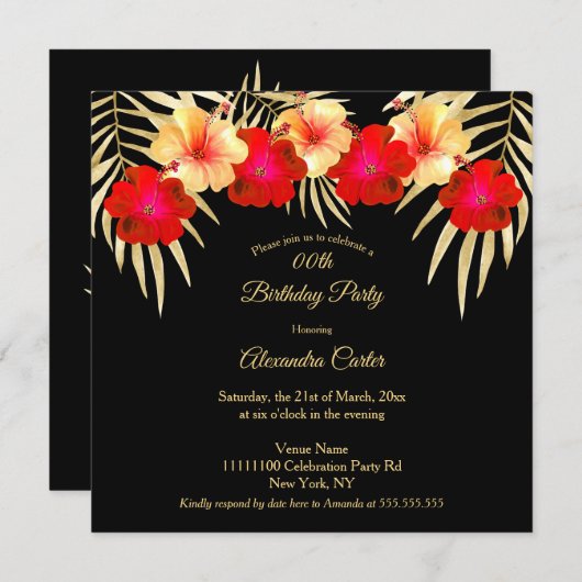 Red Gold Black Palms Hibiscus Floral Birthday sq Kaart (Voorkant / Achterkant)