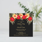 Red Gold Black Palms Hibiscus Floral Birthday sq Kaart (Staand voorkant)