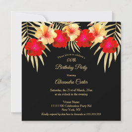 Red Gold Black Palms Hibiscus Floral Birthday sq Kaart
