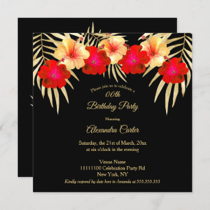 Red Gold Black Palms Hibiscus Floral Birthday sq Kaart