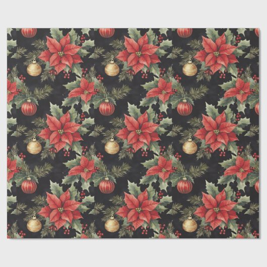Red, Gold, Black Poinsettia Christmas | Cadeaupapier (Vlak)