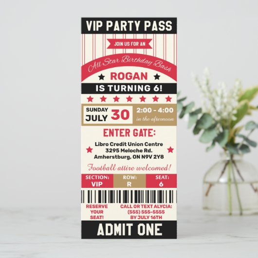 Red, Gold & Black Sports VIP Ticket Birthday Party Kaart (Staand voorkant)