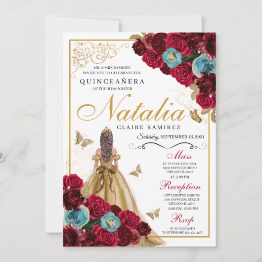 Red Gold Blauwgroen Floral Quinceanera Birthday Kaart (Voorkant)