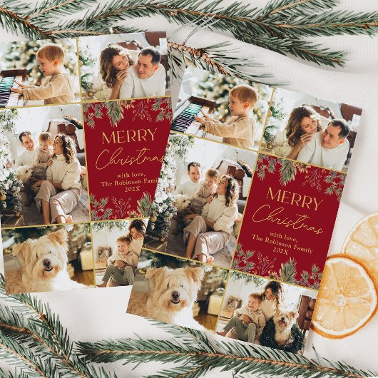 Red Gold Botanical 5 Foto Kerstvakantie Kaart