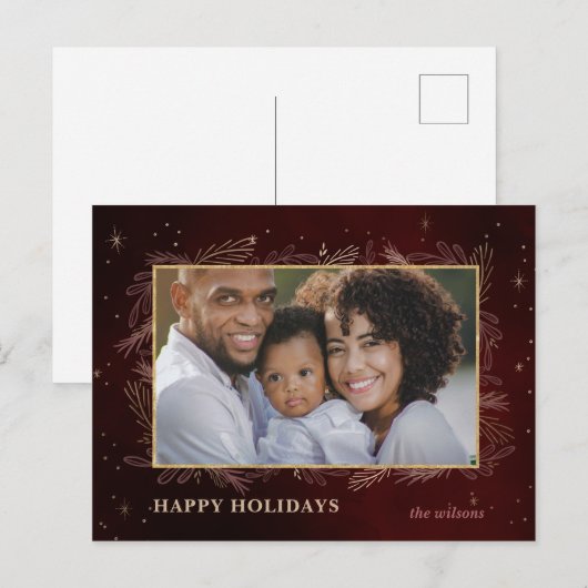 Red Gold Botanical Photo Holiday Briefkaart (Voorkant / Achterkant)