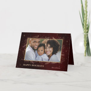 Red Gold Botanical Sparkle Photo Holiday Card Feestdagen Kaart