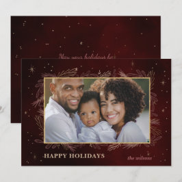 Red Gold Botanical Sparkle Photo Holiday Card Feestdagenkaart