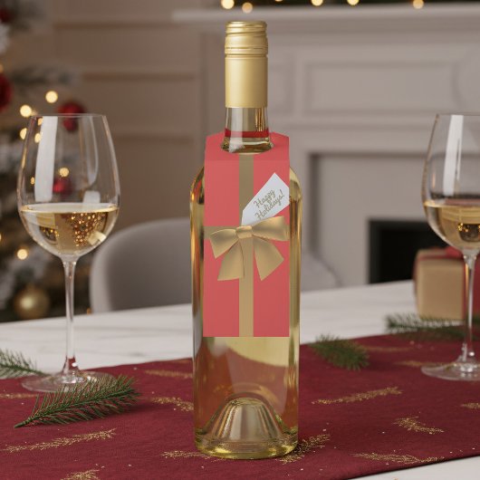 Red & Gold Bow Happy Holiday Christmas Bottle Labe Flessenhanger