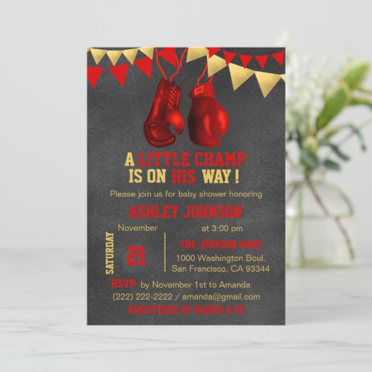 Red Gold Boy Boxe Boxing Baby Shower-uitvindingen Kaart (Staand voorkant)