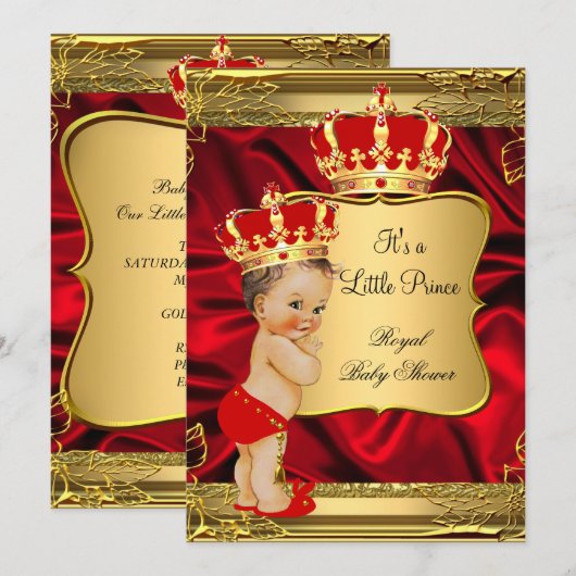 Red Gold Brunette Baby Prince Baby shower Kaart (Voorkant / Achterkant)