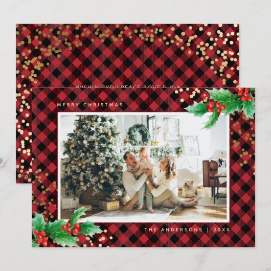 Red Gold Buffalo Pset Holly-fotokerstkaarten Feestdagenkaart (Voorkant / Achterkant)