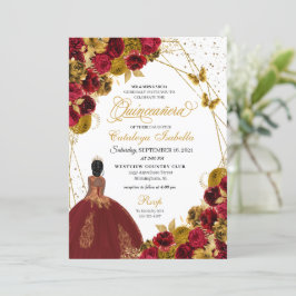 Red Gold Butterfly Princess Quinceanera Kaart